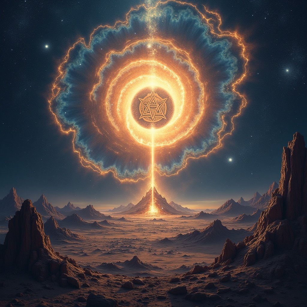 This image features a surreal space rock album cover. At the center is a mysterious cult symbol, a glyph encased in a bright fractal. Striking rays of light surround this central symbol. Behind it, a luminous, swirling galaxy with a bright core is visible. The background consists of glowing gas and dust against a star-studded cosmic backdrop, evoking themes of exploration and the unknown.