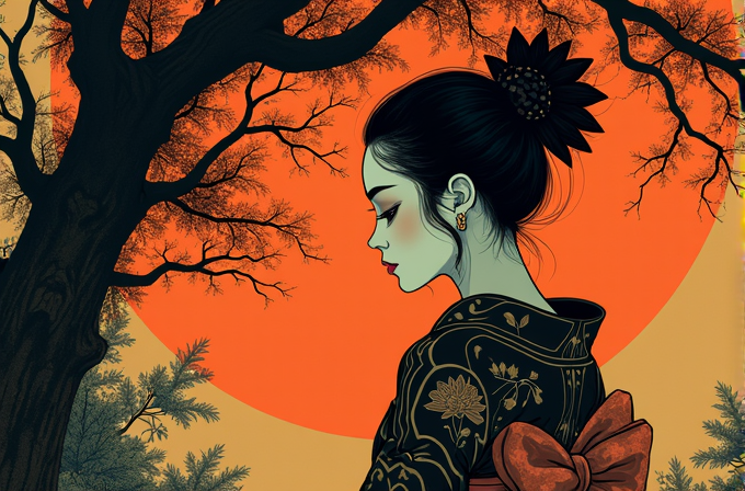 A woman in traditional attire stands gracefully against a vivid orange sun backdrop framed by tree branches.