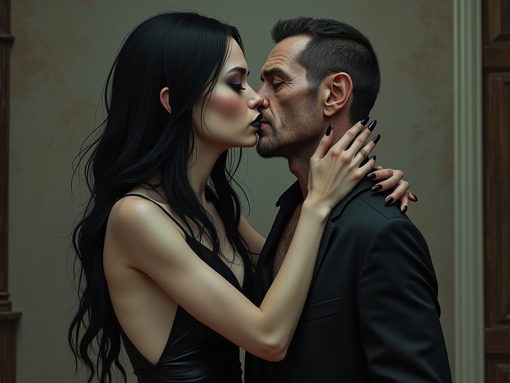 A striking image depicting a couple embracing in a close and intimate gesture. The woman, with long dark hair and dramatic makeup, and the man, with a rugged appearance and short hair, are posed in a moment of near-kiss. Their elegant black attire adds to the image's sense of sophistication and allure.