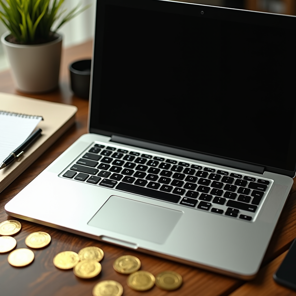 A laptop sits on a wooden desk with scattered gold coins, a notebook, pen, and a green plant nearby.