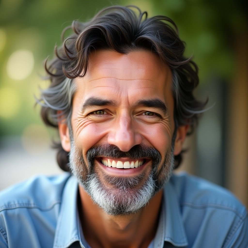 This image features a close-up view of a smiling middle-aged man, likely around 56 years old. He has dark wavy hair and a well-groomed beard, exuding warmth and joy through his genuine smile. The background is softly blurred, indicating an outdoor setting that complements his joyful demeanor. Natural lighting highlights the man's features beautifully, enhancing the sense of confidence and approachability. Overall, the image symbolizes a positive and inviting atmosphere, ideal for various lifestyle contexts.