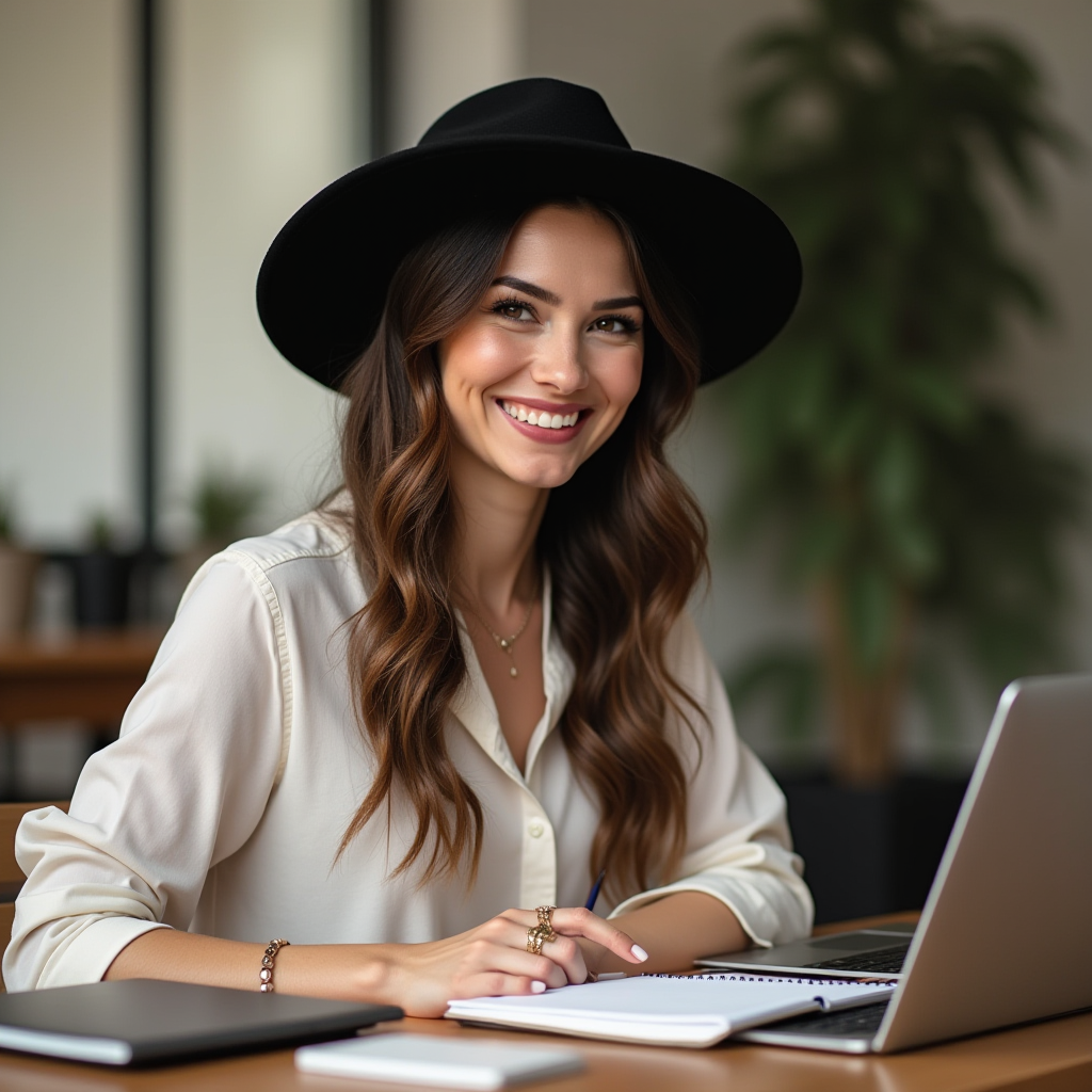 A smiling woman in a black hat and white blouse sits at a desk with a laptop and notebook, exuding creativity in a cozy workspace.